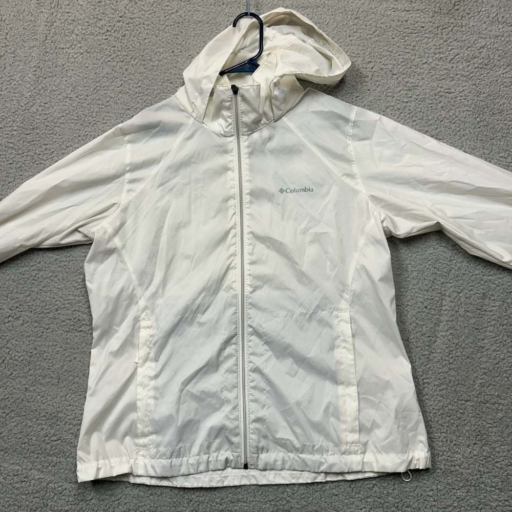 Columbia Jacket Womens Hooded Windbreaker Lightweight White Full Zip WL0127 Flaw